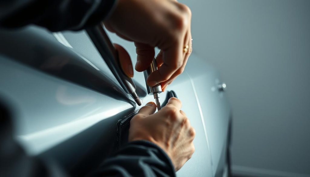 A close-up view of a skilled technician's hands using specialized tools to carefully massage and reshape a dented car panel, without the need for painting. The car is illuminated by soft, diffused lighting, casting subtle shadows that highlight the intricate metalwork. The technician's focused expression and the precise movements of their tools convey the delicate, meticulous nature of the paintless dent repair process. The background is a clean, minimalist workshop environment, allowing the viewer to concentrate on the skilled craftsmanship at the center of the frame.