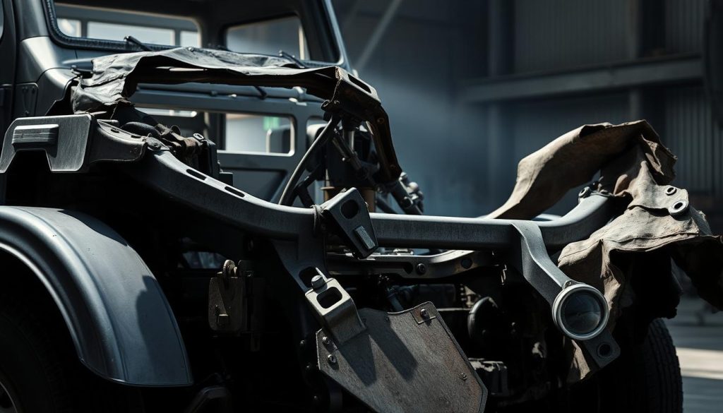 A damaged vehicle frame, its metallic structure twisted and deformed, the once-sturdy chassis now warped and bent, revealing the underlying damage. The twisted frame rails and crumpled fenders cast dramatic shadows, the harsh lighting casting an ominous, industrial atmosphere. The image showcases the hidden dangers of driving with frame damage, highlighting the critical need for immediate inspection and repair to ensure the vehicle's structural integrity and safety. A damaged vehicle frame, its metallic structure twisted and deformed, the once-sturdy chassis now warped and bent, revealing the underlying damage. The twisted frame rails and crumpled fenders cast dramatic shadows, the harsh lighting casting an ominous, industrial atmosphere. The image showcases the hidden dangers of driving with frame damage, highlighting the critical need for immediate inspection and repair to ensure the vehicle's structural integrity and safety.