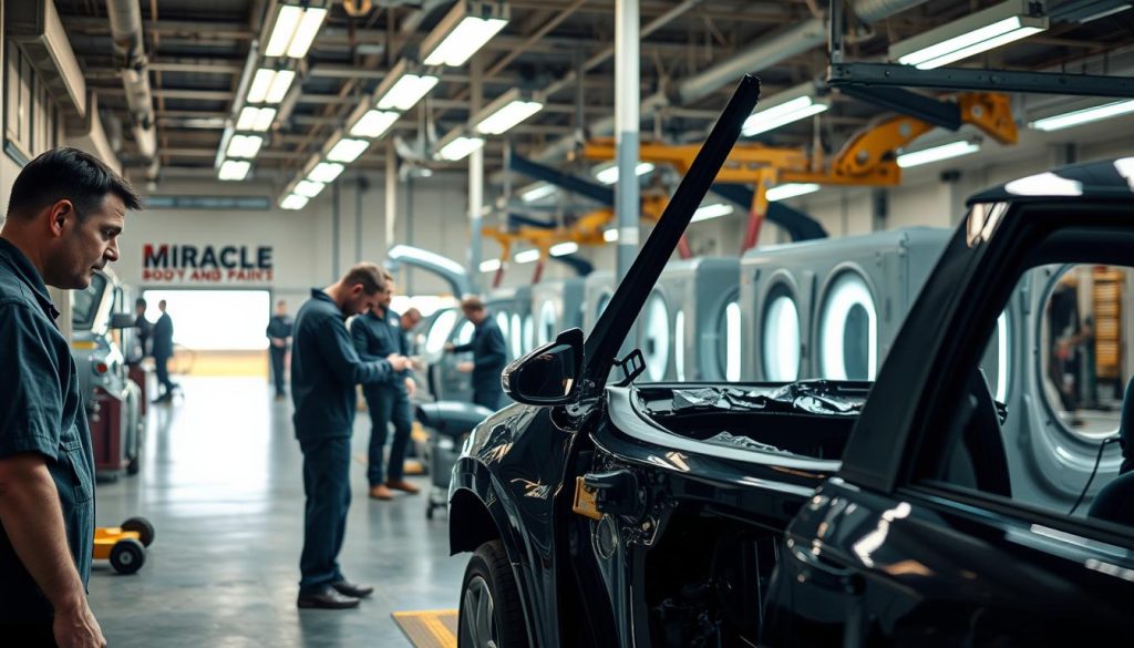 A detailed automotive repair workshop, illuminated by warm, overhead lighting. In the foreground, a mechanic carefully examines the damaged body panel of a car, evaluating the extent of the collision. In the middle ground, technicians operate specialized tools, meticulously restoring the vehicle's frame and structure. The background showcases state-of-the-art paint booths, where skilled painters blend and apply precise color matches, restoring the car's original luster. An atmosphere of precision, expertise, and care pervades the scene, reflecting the professionalism of the Miracle Body and Paint Collision Center.
