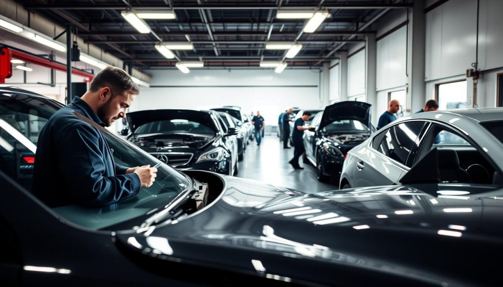 A detailed, step-by-step collision repair process unfolding in a well-lit, modern auto shop. In the foreground, a damaged vehicle is being carefully examined by a technician, tools in hand. In the middle ground, other technicians are sanding, priming, and painting various body panels. In the background, additional vehicles await their turn, reflecting the systematic workflow. Soft, directional lighting casts subtle shadows, highlighting the meticulous nature of the repairs. The overall atmosphere is one of organized professionalism, conveying the expertise and care required to restore a vehicle to pristine condition. A detailed, step-by-step collision repair process unfolding in a well-lit, modern auto shop. In the foreground, a damaged vehicle is being carefully examined by a technician, tools in hand. In the middle ground, other technicians are sanding, priming, and painting various body panels. In the background, additional vehicles await their turn, reflecting the systematic workflow. Soft, directional lighting casts subtle shadows, highlighting the meticulous nature of the repairs. The overall atmosphere is one of organized professionalism, conveying the expertise and care required to restore a vehicle to pristine condition.
