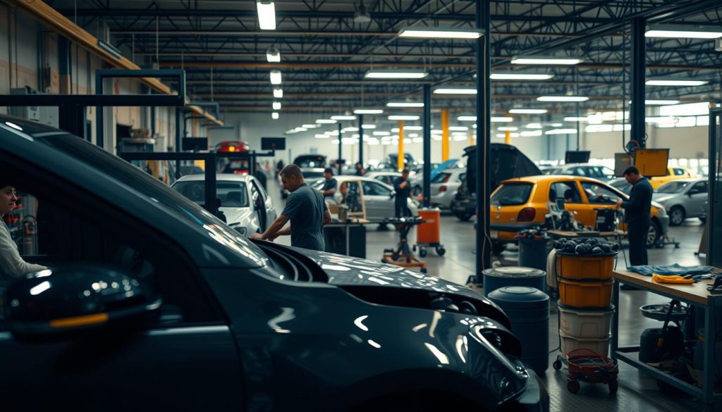 A detailed workshop scene showcasing the collision repair process. In the foreground, a car undergoing repair, with mechanics carefully examining the damaged areas and using specialized tools. In the middle ground, a well-lit, organized workshop filled with workbenches, spare parts, and diagnostic equipment. The background depicts the larger repair facility, with other vehicles in various stages of restoration, and technicians collaborating to restore them. Warm, natural lighting casts a focused, professional atmosphere, emphasizing the precision and expertise involved in the collision repair journey. The scene conveys the step-by-step path to vehicle restoration, from initial inspection to final touches, capturing the care and attention to detail required throughout the process.