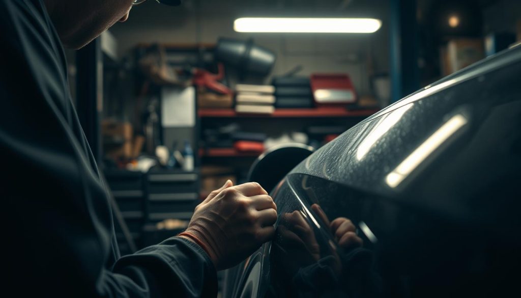 A dimly lit auto repair shop, with a technician carefully examining a dented vehicle. The foreground shows the technician's hands delicately working on the metal, using specialized tools to massage the surface back into its original shape. In the middle ground, an array of dent repair tools and equipment are visible, hinting at the technical expertise required. The background reveals the cluttered, industrial setting of the shop, with shelves of spare parts and the faint glow of fluorescent lighting. The overall mood is one of focused concentration and the skilled craftsmanship of traditional dent repair.