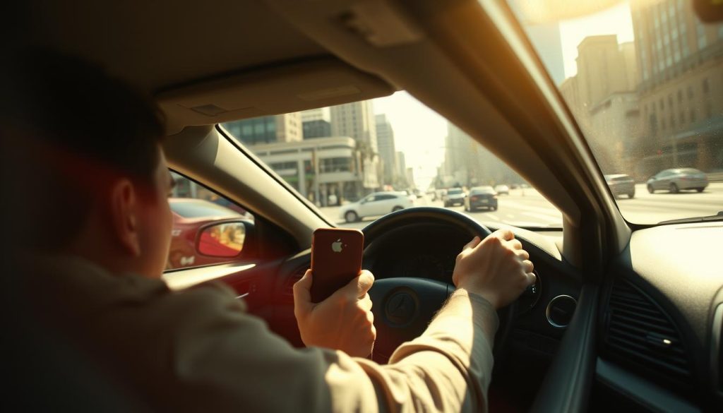 A distracted driver behind the wheel of a sedan, eyes focused on a smartphone in their hand, oblivious to the busy urban road ahead. The car is in motion, with the blurred surroundings of city buildings, traffic signals, and other vehicles creating a sense of motion and danger. The lighting is harsh, with bright sunlight casting dramatic shadows and highlights, emphasizing the drama of the scene. The camera angle is low, capturing the driver from a slightly elevated perspective to convey the risk and consequences of their actions. The overall mood is one of tension and urgency, highlighting the critical need for responsible driving behavior on San Antonio's roads.