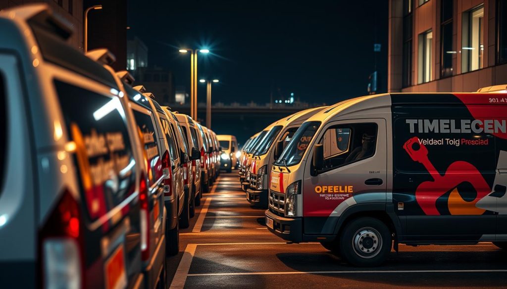 A fleet of commercial vehicles, their sides adorned with vibrant, professionally-applied decals showcasing the company's branding. The decals are crisp, the colors vivid, creating a cohesive, eye-catching look across the entire fleet. The vehicles are parked in a well-lit, modern urban setting, perhaps a city street or a corporate parking lot, bathed in warm, directional lighting that highlights the detailed decals. The composition emphasizes the fleet's uniformity and visual impact, conveying a sense of professionalism and brand identity. The overall scene is both practical and aesthetically pleasing, reflecting the importance of fleet branding and decaling for businesses seeking to maintain a strong, consistent visual presence.