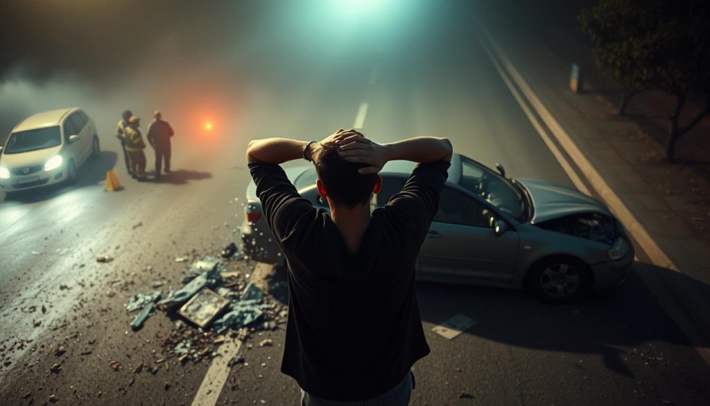 A high-angle view of a wrecked car on the side of a road, with shattered glass and debris scattered around it. In the foreground, a distraught person standing nearby, hands on their head, conveying the stress and confusion of the aftermath. The middle ground features emergency responders, such as paramedics or police officers, attending to the scene. The background showcases a hazy, dimly lit urban environment, creating a sense of urgency and the need for caution. Soft, diffused lighting casts long shadows, emphasizing the gravity of the situation. The overall composition and mood suggest the importance of avoiding common mistakes in the aftermath of a car accident. A high-angle view of a wrecked car on the side of a road, with shattered glass and debris scattered around it. In the foreground, a distraught person standing nearby, hands on their head, conveying the stress and confusion of the aftermath. The middle ground features emergency responders, such as paramedics or police officers, attending to the scene. The background showcases a hazy, dimly lit urban environment, creating a sense of urgency and the need for caution. Soft, diffused lighting casts long shadows, emphasizing the gravity of the situation. The overall composition and mood suggest the importance of avoiding common mistakes in the aftermath of a car accident.