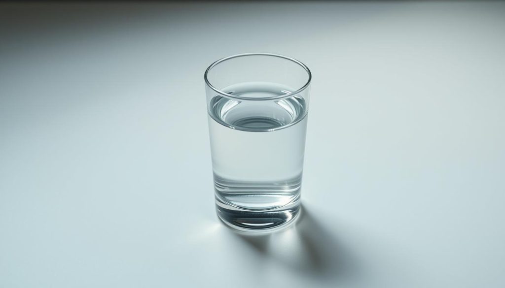 A high-angle, wide-angle view of a transparent glass filled with water, symbolizing an insurance deductible. The glass is placed on a smooth, reflective surface, creating a sense of depth and dimension. The lighting is soft, diffused, and natural, casting subtle shadows that accentuate the form of the glass. The background is slightly blurred, with a muted, neutral color palette that allows the glass to be the focal point. The overall composition conveys a sense of simplicity, clarity, and the importance of understanding the financial aspects of insurance coverage.