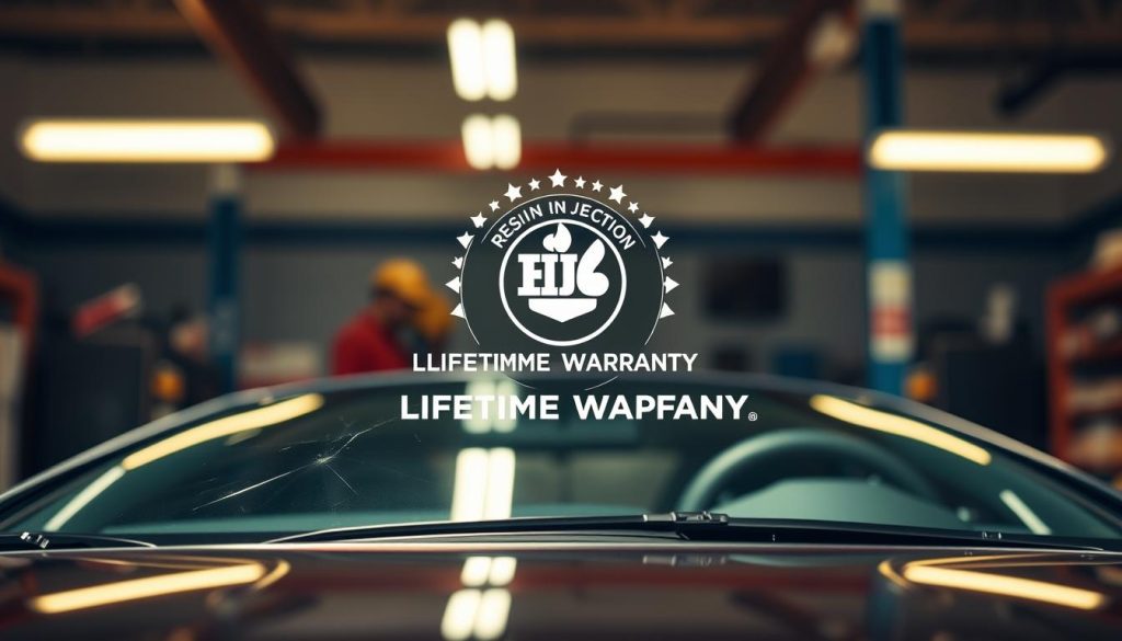 A high-quality, detailed image of a windshield with a resin injection lifetime guarantee service. The windshield occupies the foreground, showcasing the clear glass and subtle resin application. The middle ground features the service logo and text highlighting the lifetime warranty. The background is blurred, with a warm, inviting automotive repair shop environment, conveying a sense of reliability and professionalism. Soft, directional lighting illuminates the scene, creating depth and emphasizing the warranty message. Captured with a wide-angle lens to provide a comprehensive view of the service offering.