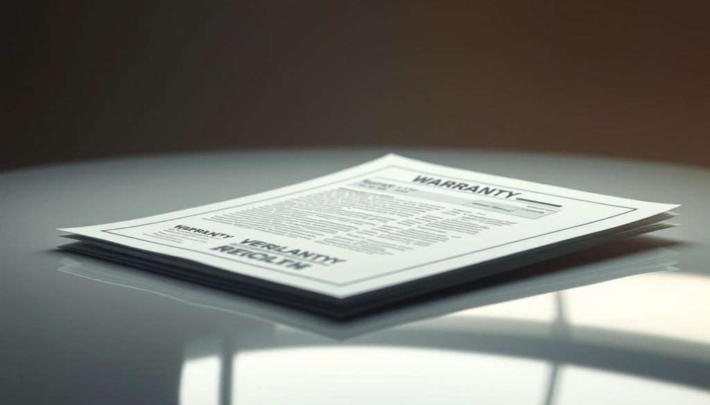 A high-quality warranty document resting on a polished, reflective surface, illuminated by soft, diffused lighting. The document's edges are crisp, and the text is legible, conveying a sense of professionalism and attention to detail. The background is a muted, neutral tone, allowing the warranty to take center stage and emphasize its importance in providing peace of mind after vehicle repairs. The overall composition is balanced, with the warranty occupying the focal point, surrounded by a clean, uncluttered space that suggests reliability and trustworthiness.