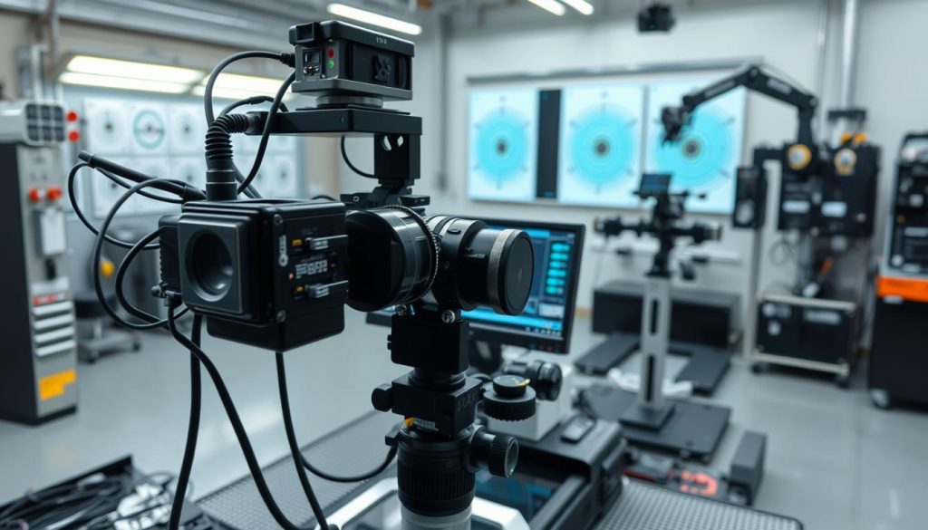 A high-tech workshop filled with specialized equipment for ADAS calibration. In the foreground, a precision camera rig with advanced sensors and intricate wiring. In the middle, a sleek diagnostic computer with multiple displays, allowing technicians to meticulously analyze and adjust the vehicle's systems. In the background, a wall-mounted set of calibration targets and a robotic positioning platform, ensuring accurate and consistent camera and sensor alignment. Bright, focused lighting illuminates the scene, creating a professional, high-quality atmosphere. The overall composition conveys a sense of expertise, attention to detail, and state-of-the-art technology necessary for proper ADAS calibration after a collision.
