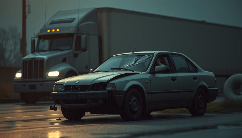 A lonely, dilapidated car sits on the side of a dimly lit, rain-soaked street. The front bumper is crumpled, and the windshield is shattered, indicating a recent collision. The driver, head in hands, appears distressed as they gaze out the window, realizing the financial burden of being uninsured. In the background, the silhouette of a large commercial truck looms ominously, a stark reminder of the potential dangers faced by unprotected drivers. The scene is shrouded in a moody, atmospheric lighting, evoking a sense of vulnerability and the harsh consequences of driving without proper coverage. A lonely, dilapidated car sits on the side of a dimly lit, rain-soaked street. The front bumper is crumpled, and the windshield is shattered, indicating a recent collision. The driver, head in hands, appears distressed as they gaze out the window, realizing the financial burden of being uninsured. In the background, the silhouette of a large commercial truck looms ominously, a stark reminder of the potential dangers faced by unprotected drivers. The scene is shrouded in a moody, atmospheric lighting, evoking a sense of vulnerability and the harsh consequences of driving without proper coverage.