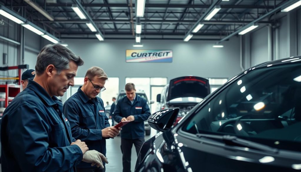 A modern and well-equipped collision center in San Antonio, featuring a spacious and well-lit workshop with state-of-the-art equipment. In the foreground, a team of skilled technicians meticulously inspecting a vehicle, their expressions conveying professionalism and attention to detail. The middle ground showcases the center's advanced repair capabilities, with specialized tools and a clean, organized work environment. In the background, the facility's exterior, with a prominent signage and a sleek, contemporary architectural design, projects an image of reliability and expertise. The overall scene exudes an atmosphere of trust, efficiency, and a commitment to providing high-quality collision repair services.