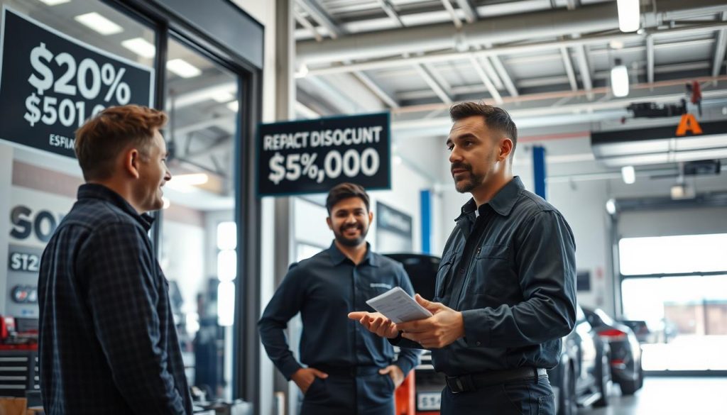 A modern auto repair shop interior with a large window showcasing discounted auto parts and signage for "Deductible Discount" programs. The foreground features a customer and a technician discussing repair estimates, with the technician gesturing towards the displayed discounts. The middle ground shows a well-organized service bay with tools and equipment, while the background depicts a bright, airy space with natural lighting streaming in. The overall atmosphere conveys a sense of trust, transparency, and cost-saving solutions for the customer.