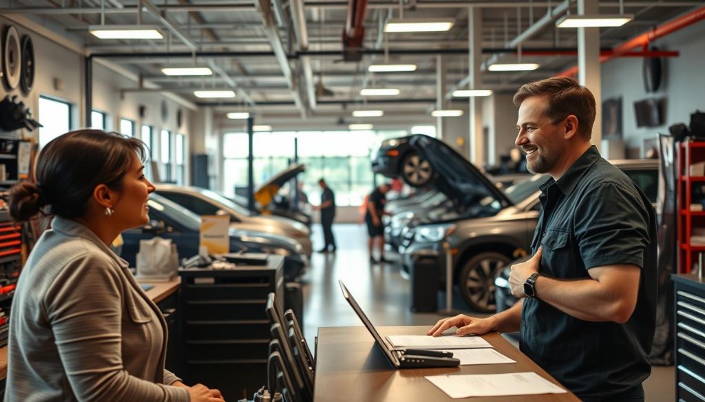 A modern auto repair shop interior, with a warm, inviting atmosphere. In the foreground, a customer is discussing financing options with a friendly staff member at the front desk, surrounded by neatly organized tools and equipment. In the middle ground, technicians are busy working on various vehicles, their faces focused as they diagnose and repair. The background features a well-lit, organized workspace with ample space for vehicle service and storage. The overall scene conveys a sense of professionalism, efficiency, and a customer-centric approach to auto repair financing in San Antonio.