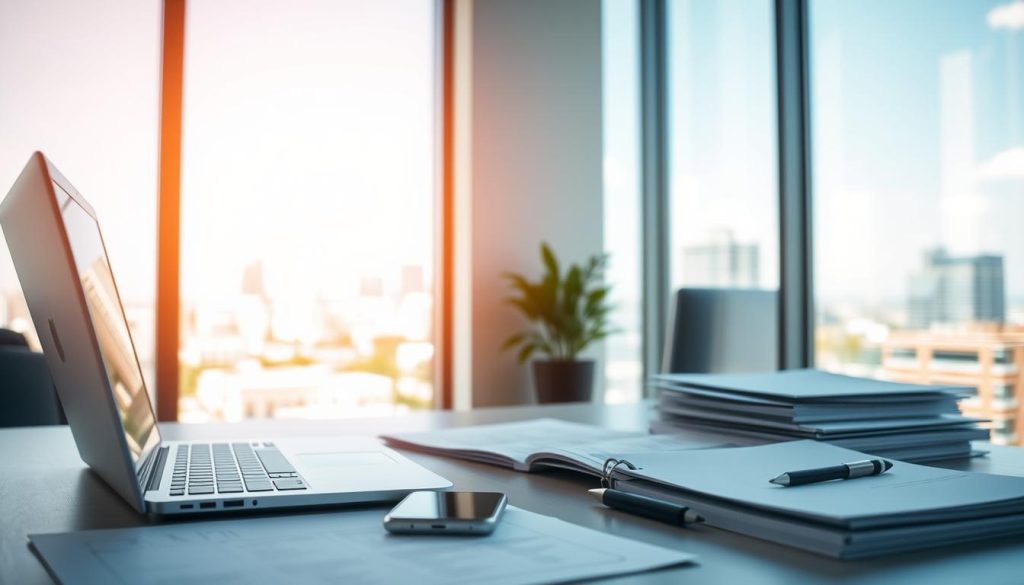 A modern office desk with a laptop, smartphone, and folders, representing the digital and paperwork aspects of the insurance claims process. In the background, a cityscape of San Antonio through a window, conveying the local context. Bright, natural lighting fills the scene, creating a sense of clarity and efficiency. The overall mood is professional, organized, and focused on resolving the insurance claim.