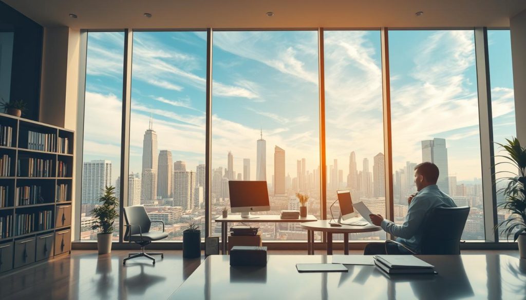 A modern office interior with a large window overlooking a city skyline. In the foreground, an insurance agent sits at a desk, reviewing documents and speaking on a phone, conveying a sense of professionalism and expertise. The middle ground features bookshelves, a computer, and other office accoutrements, creating a well-equipped workspace. The background showcases the urban landscape, with skyscrapers and a blue sky with wispy clouds, evoking a feeling of security and reliability. The lighting is warm and natural, creating a welcoming atmosphere. The overall composition should convey the concept of "insurance claim assistance" in a visually appealing and impactful manner. A modern office interior with a large window overlooking a city skyline. In the foreground, an insurance agent sits at a desk, reviewing documents and speaking on a phone, conveying a sense of professionalism and expertise. The middle ground features bookshelves, a computer, and other office accoutrements, creating a well-equipped workspace. The background showcases the urban landscape, with skyscrapers and a blue sky with wispy clouds, evoking a feeling of security and reliability. The lighting is warm and natural, creating a welcoming atmosphere. The overall composition should convey the concept of "insurance claim assistance" in a visually appealing and impactful manner.