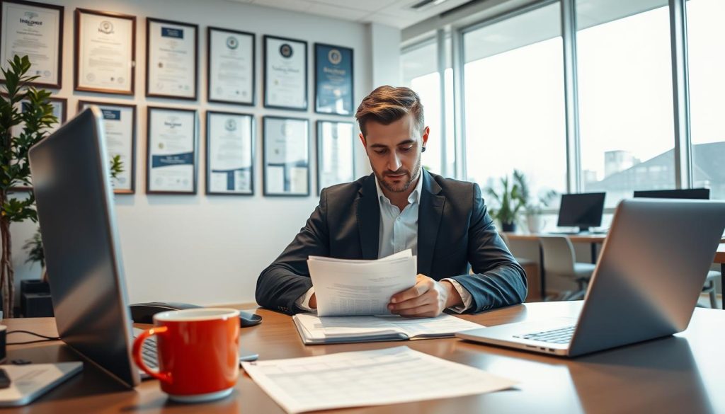 A modern office interior with a professional setting. In the foreground, a person sits at a desk, carefully reviewing insurance documents and filling out a claim form. On the desk, a laptop, a phone, and a coffee mug create a sense of a busy, yet organized workspace. The middle ground showcases a wall with framed certificates and awards, conveying the insurance company's expertise and reliability. The background features large windows allowing natural light to flood the room, creating a bright and welcoming atmosphere. The overall scene embodies the process of navigating the insurance claim system with a sense of professionalism, attention to detail, and confidence. A modern office interior with a professional setting. In the foreground, a person sits at a desk, carefully reviewing insurance documents and filling out a claim form. On the desk, a laptop, a phone, and a coffee mug create a sense of a busy, yet organized workspace. The middle ground showcases a wall with framed certificates and awards, conveying the insurance company's expertise and reliability. The background features large windows allowing natural light to flood the room, creating a bright and welcoming atmosphere. The overall scene embodies the process of navigating the insurance claim system with a sense of professionalism, attention to detail, and confidence.