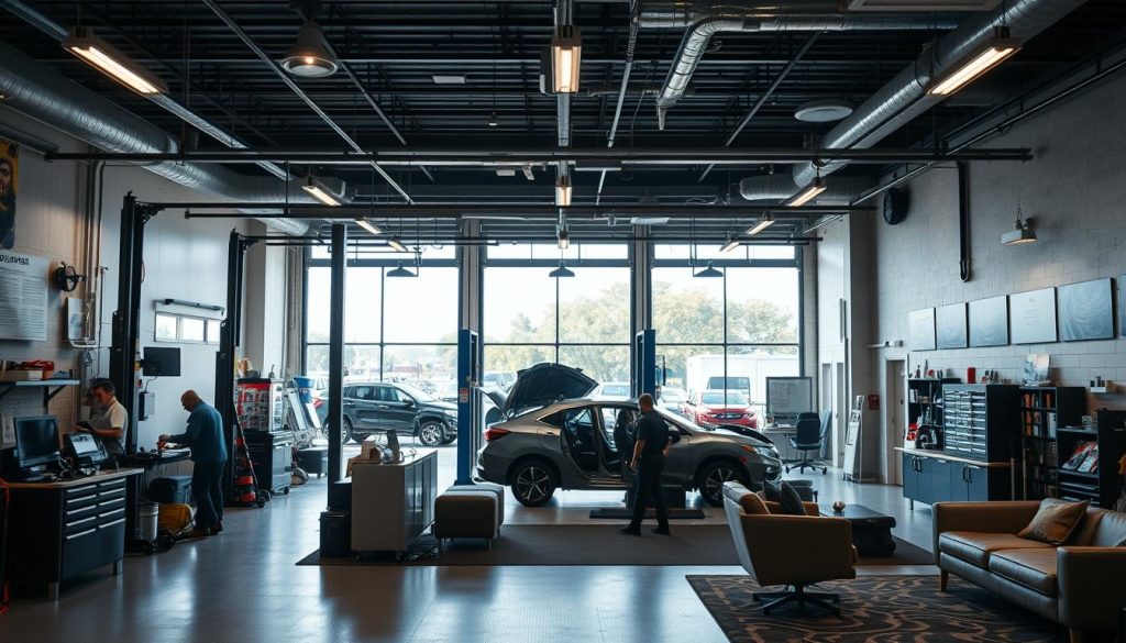 A modern, well-equipped auto repair shop in San Antonio, Texas. The foreground depicts a spacious, well-lit service bay with mechanics diligently working on a car, their tools and equipment neatly organized. The middle ground showcases an inviting customer lounge with comfortable seating and informative signage. In the background, the workshop is framed by large windows, allowing natural light to flood the space and creating a warm, welcoming atmosphere. The overall scene conveys a sense of professionalism, efficiency, and customer-focused service, reflecting the high standards of a reputable repair facility in the heart of San Antonio.