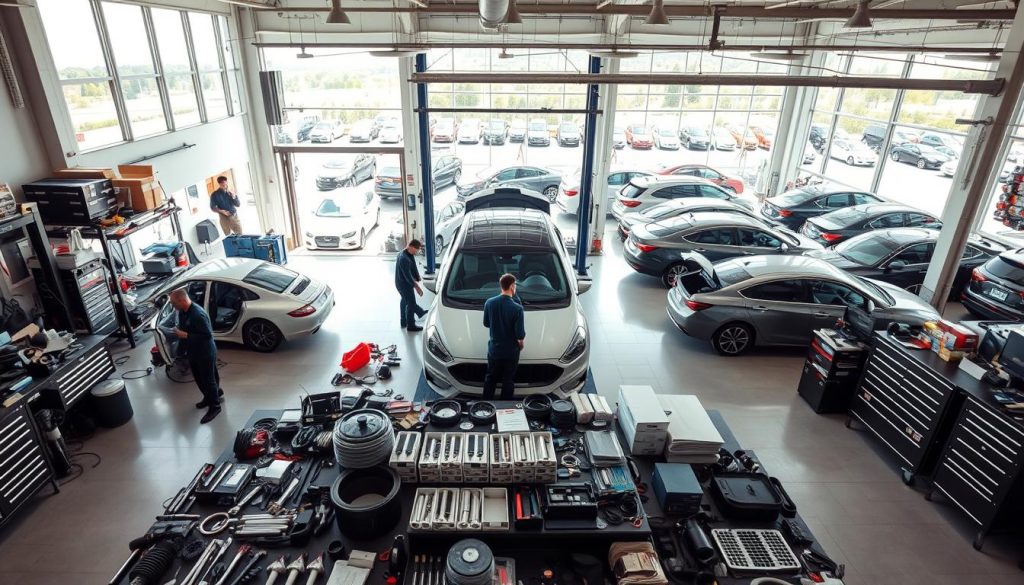 A modern, well-equipped body shop with a spacious interior filled with natural light. In the foreground, a team of skilled technicians meticulously inspect a vehicle, surrounded by state-of-the-art tools and equipment. The middle ground showcases a range of neatly organized parts and supplies, conveying an efficient and organized workflow. In the background, large windows offer a glimpse of the bustling parking lot, where various makes and models of cars await their turn for expert collision repair. The overall atmosphere is one of professionalism, attention to detail, and a commitment to providing high-quality, insurance-backed services.