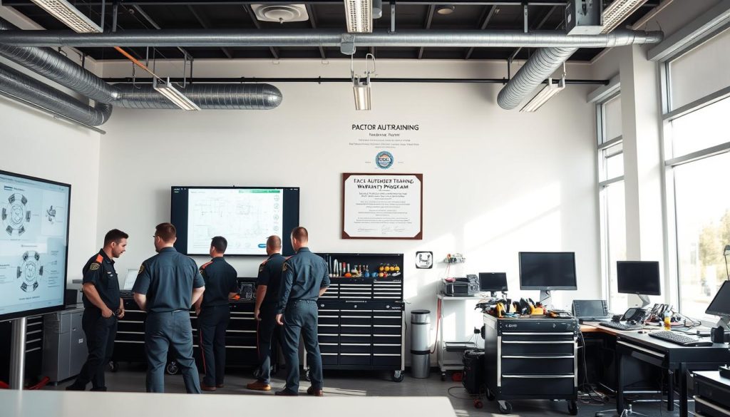 A modern, well-equipped technology training center in San Antonio. In the foreground, a group of technicians in uniform studying diagrams and schematics on a large interactive display. Mid-ground, a row of toolboxes and workstations with various repair tools and diagnostic equipment. In the background, a wall-mounted certificate showcasing the center's factory-authorized training credentials and warranty program details. Bright, natural lighting filters in through large windows, creating a sense of openness and professionalism. The overall atmosphere conveys a commitment to quality, hands-on training and comprehensive after-sales support.