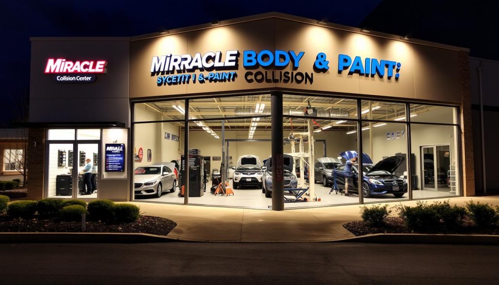 A modern, well-lit auto body repair shop with a clean, professional atmosphere. The exterior features the Miracle Body and Paint Collision Center logo prominently displayed on the facade, with a neatly manicured landscaping and parking lot. The interior showcases state-of-the-art equipment, including specialized tools and a spotless workspace where skilled technicians meticulously inspect and repair vehicles. Warm lighting illuminates the space, creating a welcoming environment for customers. The overall impression is one of expertise, efficiency, and a commitment to delivering exceptional service and customer satisfaction. A modern, well-lit auto body repair shop with a clean, professional atmosphere. The exterior features the Miracle Body and Paint Collision Center logo prominently displayed on the facade, with a neatly manicured landscaping and parking lot. The interior showcases state-of-the-art equipment, including specialized tools and a spotless workspace where skilled technicians meticulously inspect and repair vehicles. Warm lighting illuminates the space, creating a welcoming environment for customers. The overall impression is one of expertise, efficiency, and a commitment to delivering exceptional service and customer satisfaction.