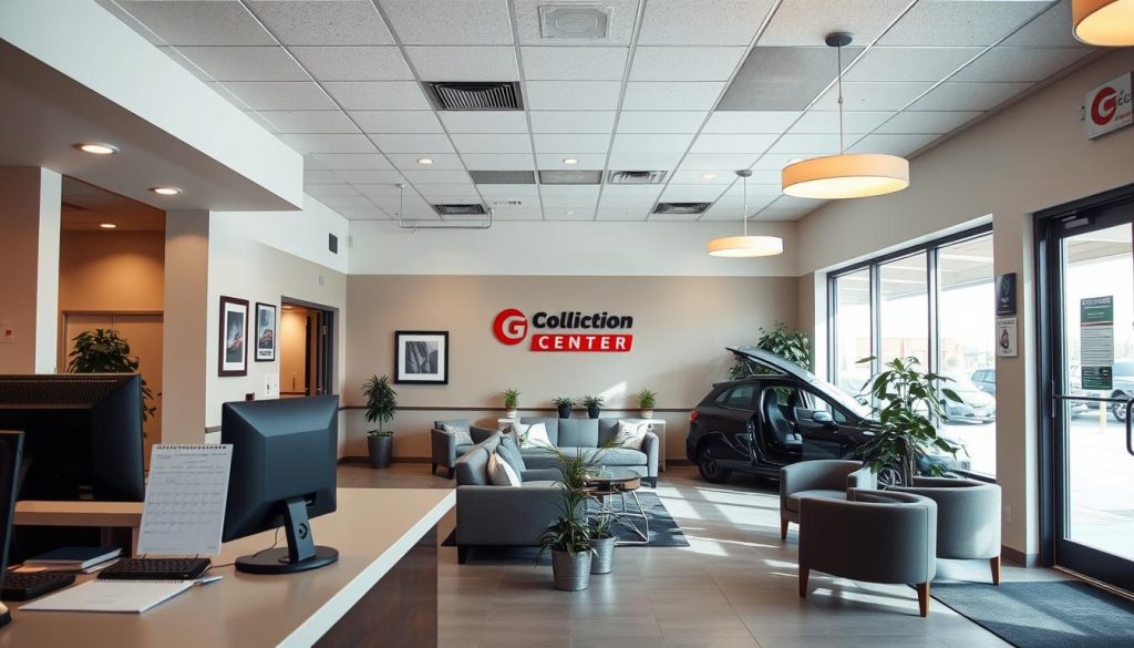 A modern, well-lit interior of a San Antonio collision center reception area, with a clean, professional aesthetic. In the foreground, a receptionist's desk with a computer, phone, and appointment calendar prominently displayed. The middle ground features comfortable seating for clients, with potted plants and framed artwork on the walls, conveying a welcoming atmosphere. The background showcases the collision center's branding and signage, indicating the facility's specialization in auto body repair. The lighting is a balanced mix of natural daylight from large windows and warm, inviting overhead fixtures. The overall scene exudes a sense of efficiency and customer-centric service, making it easy for clients to schedule their appointments.