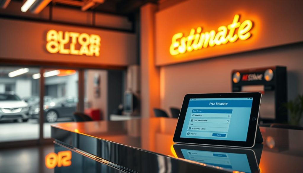 A neon sign in a sleek, modern auto repair shop, casting a warm glow over a polished, chrome-accented reception desk. On the desk, a tablet displays a digital "Free Estimate" form, its user interface clean and intuitive. The shop's branding is subtly integrated, conveying professionalism and reliability. The lighting is soft and inviting, creating a welcoming atmosphere for customers seeking hassle-free collision repair services. The entire scene exudes a sense of efficiency, transparency, and trust - the hallmarks of a trusted, customer-centric collision center.