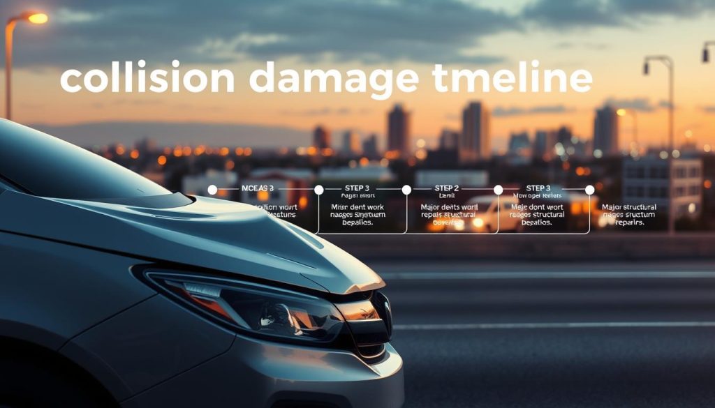A photo-realistic, highly detailed digital illustration depicting "collision damage timelines". In the foreground, a damaged sedan with various types of collision damage - dents, scratches, broken headlights, etc. The middle ground shows a timeline with several steps, illustrating the progression of repair work from minor dents to major structural repairs. The background features a realistic San Antonio cityscape, with a warm, golden-hour lighting setting a calm, professional tone. The overall composition is clean, balanced, and visually striking, highlighting the key information in an intuitive and visually engaging way. A photo-realistic, highly detailed digital illustration depicting "collision damage timelines". In the foreground, a damaged sedan with various types of collision damage - dents, scratches, broken headlights, etc. The middle ground shows a timeline with several steps, illustrating the progression of repair work from minor dents to major structural repairs. The background features a realistic San Antonio cityscape, with a warm, golden-hour lighting setting a calm, professional tone. The overall composition is clean, balanced, and visually striking, highlighting the key information in an intuitive and visually engaging way.