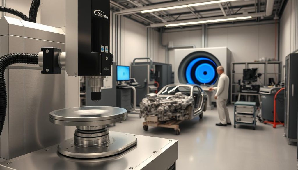 A precision metrology lab filled with an array of high-tech equipment measuring systems. In the foreground, a coordinate measuring machine precisely inspects vehicle components, its robotic arm navigating intricate surfaces. In the middle ground, a 3D laser scanner captures detailed point cloud data, while a hardness tester evaluates material properties. In the background, a wind tunnel with airflow visualization tests aerodynamic performance. Soft, even lighting illuminates the technicians carrying out their work with utmost care and focus, ensuring the strictest OEM quality standards are upheld. A precision metrology lab filled with an array of high-tech equipment measuring systems. In the foreground, a coordinate measuring machine precisely inspects vehicle components, its robotic arm navigating intricate surfaces. In the middle ground, a 3D laser scanner captures detailed point cloud data, while a hardness tester evaluates material properties. In the background, a wind tunnel with airflow visualization tests aerodynamic performance. Soft, even lighting illuminates the technicians carrying out their work with utmost care and focus, ensuring the strictest OEM quality standards are upheld.