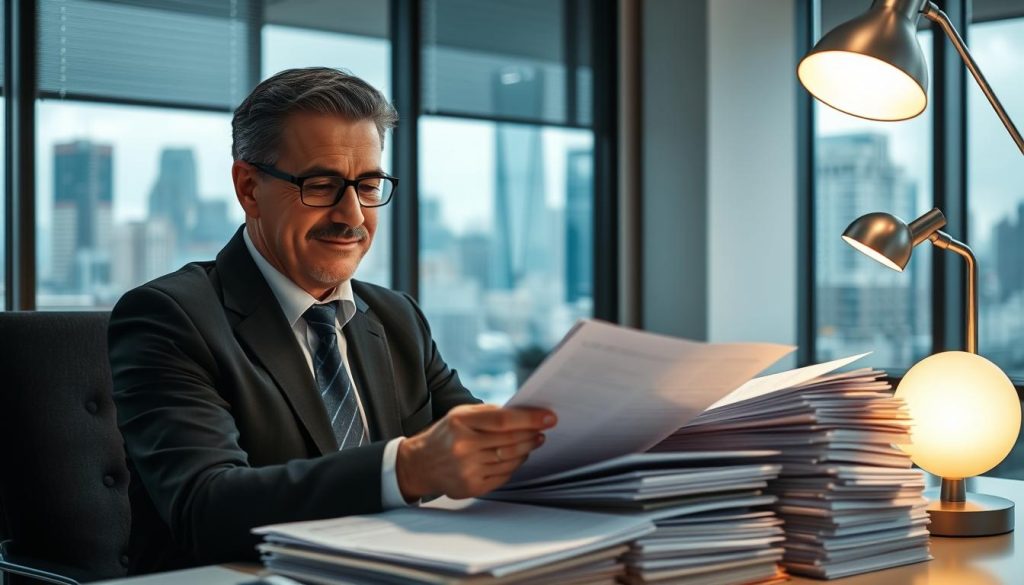 A professional and courteous insurance agent diligently reviewing stacks of insurance claim forms, carefully examining each detail under the warm glow of a desk lamp. In the background, a modern office environment with minimalist decor and a large window overlooking a bustling city skyline. The agent's expression conveys a sense of efficiency and attention to customer service, reflecting the section's focus on handling insurance claims with a customer-first approach.