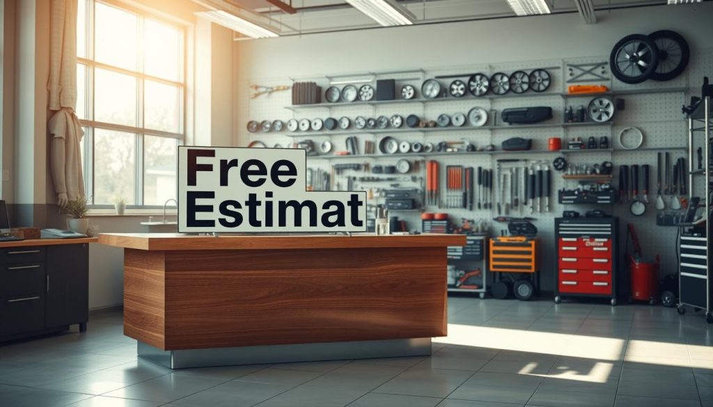 A realistic auto repair shop interior, with a prominent "Free Estimate" sign prominently displayed on the front desk. Soft, natural lighting filters through large windows, creating a warm, inviting atmosphere. The desk is made of polished wood, with a clean, professional appearance. Behind the desk, a neatly organized wall showcases various auto parts and tools, conveying a sense of expertise and preparedness. The floor is a clean, tiled surface, and the overall space exudes a sense of order and efficiency, reflecting the transparency and attention to detail promised in the section title.