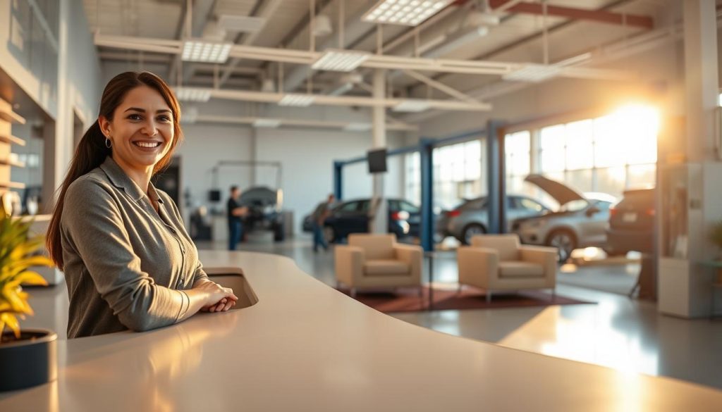 A sleek, modern auto repair shop interior with a bright, airy atmosphere. In the foreground, a customer service desk with a smiling receptionist ready to schedule an appointment. The middle ground features a clean, well-organized waiting area with comfortable chairs and a calming color palette. In the background, a view of the state-of-the-art service bays where skilled technicians work on vehicles. Warm, natural lighting filters in through large windows, creating a welcoming and professional ambiance. The overall scene conveys a sense of efficiency, reliability, and excellent customer service, reflecting the high-quality work and customer-centric approach of the San Antonio auto body shop.