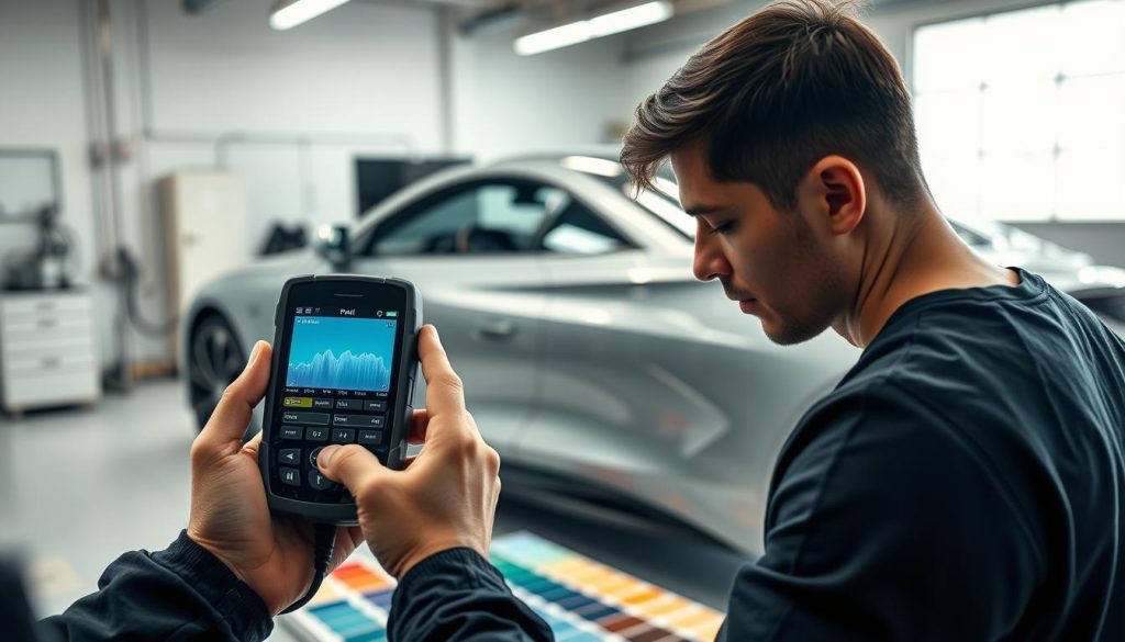 A sleek, modern vehicle sits in a well-lit automotive workshop. The camera angle captures the car's side profile, highlighting the intricate paint job and flawless finish. In the foreground, a technician holds a handheld color-matching device, carefully calibrating the perfect hue to seamlessly blend with the car's body. The device's display shows a detailed color analysis, while the technician's expression conveys deep concentration. The middle ground reveals an array of paint samples, neatly organized and labeled, demonstrating the advanced technology behind precise color matching. The background features a clean, minimalist workshop environment, with tools and equipment meticulously arranged, creating a sense of professionalism and attention to detail. A sleek, modern vehicle sits in a well-lit automotive workshop. The camera angle captures the car's side profile, highlighting the intricate paint job and flawless finish. In the foreground, a technician holds a handheld color-matching device, carefully calibrating the perfect hue to seamlessly blend with the car's body. The device's display shows a detailed color analysis, while the technician's expression conveys deep concentration. The middle ground reveals an array of paint samples, neatly organized and labeled, demonstrating the advanced technology behind precise color matching. The background features a clean, minimalist workshop environment, with tools and equipment meticulously arranged, creating a sense of professionalism and attention to detail.