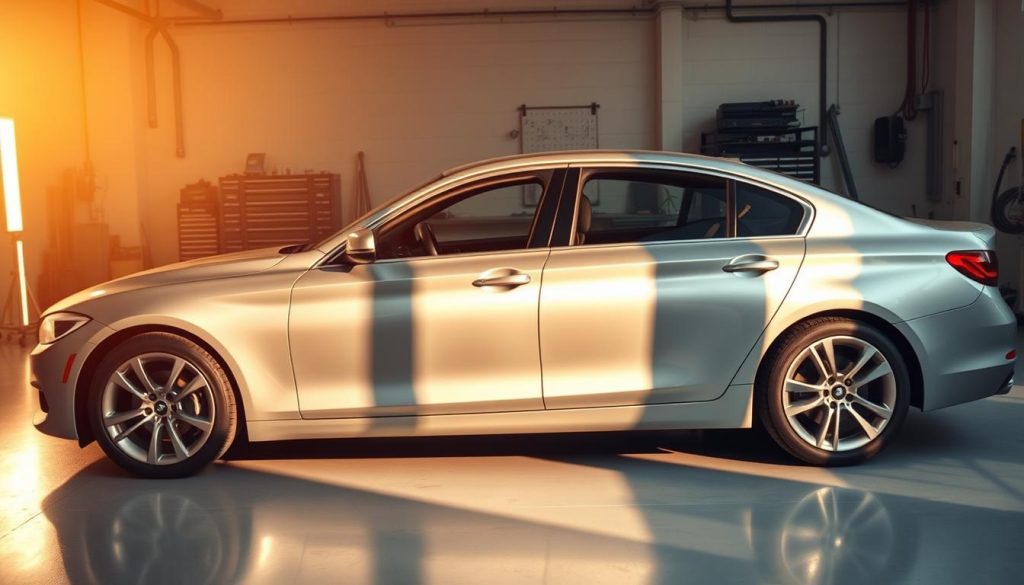 A sleek, silver sedan with a prominent dent on the driver's side door, illuminated by warm, directional lighting that casts long shadows. The car is positioned in a clean, minimalist workshop, with an array of specialized tools and equipment in the background, suggesting the advanced techniques of paintless dent repair. The scene conveys a sense of professionalism and attention to detail, hinting at the skilled craftsmanship required to restore the vehicle's pristine appearance without the need for costly and time-consuming paint work.