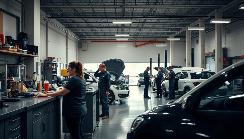 A spacious, well-lit collision repair center, with a focus on providing free estimates. In the foreground, a customer speaks with a friendly staff member at a service counter, surrounded by neatly organized tools and equipment. In the middle ground, technicians carefully inspect a damaged vehicle, evaluating the extent of repairs needed. The background features a clean, modern workshop with state-of-the-art equipment, conveying a sense of professionalism and attention to detail. Soft, even lighting illuminates the scene, creating a welcoming and reassuring atmosphere for the customer. The overall composition emphasizes the center's commitment to transparent, no-cost estimates and high-quality collision repair services.