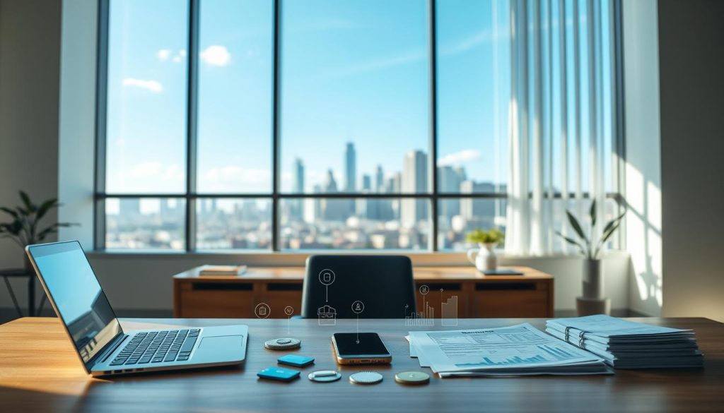 A tranquil, modern office setting with an abundance of natural light. In the foreground, a wooden desk features a laptop, smartphone, and a stack of financial documents. On the desk, various icons and symbols representing financing options such as credit cards, loan applications, and budgeting tools. In the middle ground, a large window overlooks a cityscape, with skyscrapers and a blue sky in the background. The overall mood is one of calm, efficiency, and financial control, conveying the idea of managing collision repair costs through informed financing decisions.