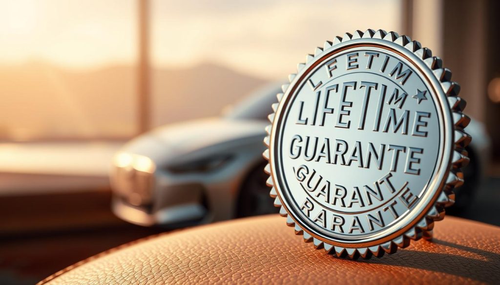 A tranquil scene showcasing a lifetime guarantee, captured in a warm, inviting light. In the foreground, a gleaming chrome badge emblazoned with the words "LIFETIME GUARANTEE" stands out against a soft, leather background. The middle ground features an expertly repaired vehicle, its pristine surface reflecting the guarantee's promise of enduring quality. The background subtly blends serene, blurred landscapes, evoking a sense of security and reliability. The overall composition conveys a harmonious balance between form, function, and the enduring commitment of a lifetime warranty.