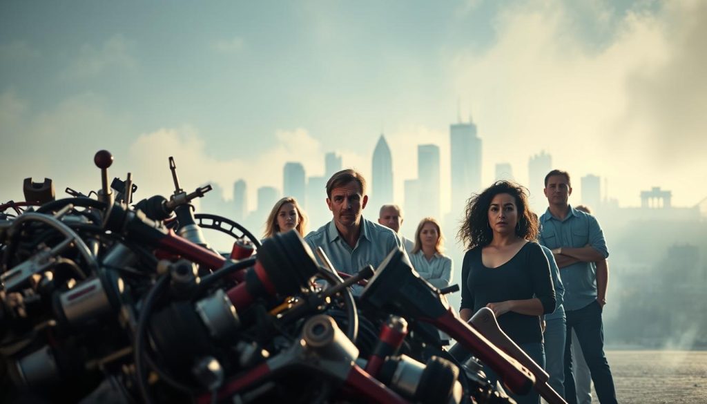 A vibrant scene depicting the collision of common myths about auto repair in San Antonio. In the foreground, a tangle of car parts and tools symbolizes the misconceptions drivers hold. In the middle ground, a group of confused San Antonio residents grapple with these myths, their expressions conveying a sense of uncertainty. The background features the iconic skyline of San Antonio, hazy and ethereal, suggesting the pervasive nature of these beliefs. The lighting is dramatic, with bold shadows and highlights creating a sense of tension and unease. The overall composition is dynamic, with diagonal lines and overlapping elements, mirroring the conflicting nature of the myths themselves. The mood is one of intrigue and contemplation, inviting the viewer to consider the complex realities of collision repair in this vibrant Texas city.