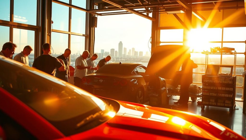 A vibrant, sun-drenched scene of a bustling collision repair shop in San Antonio. In the foreground, a gleaming red sports car is being expertly tended to by a team of skilled technicians, their hands deftly wielding tools and inspecting the vehicle. Through the large windows, the warm, golden light of the Texas sun filters in, casting a welcoming glow over the workspace. In the middle ground, a row of neatly organized spare parts and equipment suggests the efficiency and attention to detail that defines this seasonal repair center. In the background, the city skyline is visible, a testament to the shop's convenient location, poised to serve the needs of San Antonio drivers seeking timely and affordable collision repairs, even during the peak of the warm season. A vibrant, sun-drenched scene of a bustling collision repair shop in San Antonio. In the foreground, a gleaming red sports car is being expertly tended to by a team of skilled technicians, their hands deftly wielding tools and inspecting the vehicle. Through the large windows, the warm, golden light of the Texas sun filters in, casting a welcoming glow over the workspace. In the middle ground, a row of neatly organized spare parts and equipment suggests the efficiency and attention to detail that defines this seasonal repair center. In the background, the city skyline is visible, a testament to the shop's convenient location, poised to serve the needs of San Antonio drivers seeking timely and affordable collision repairs, even during the peak of the warm season.