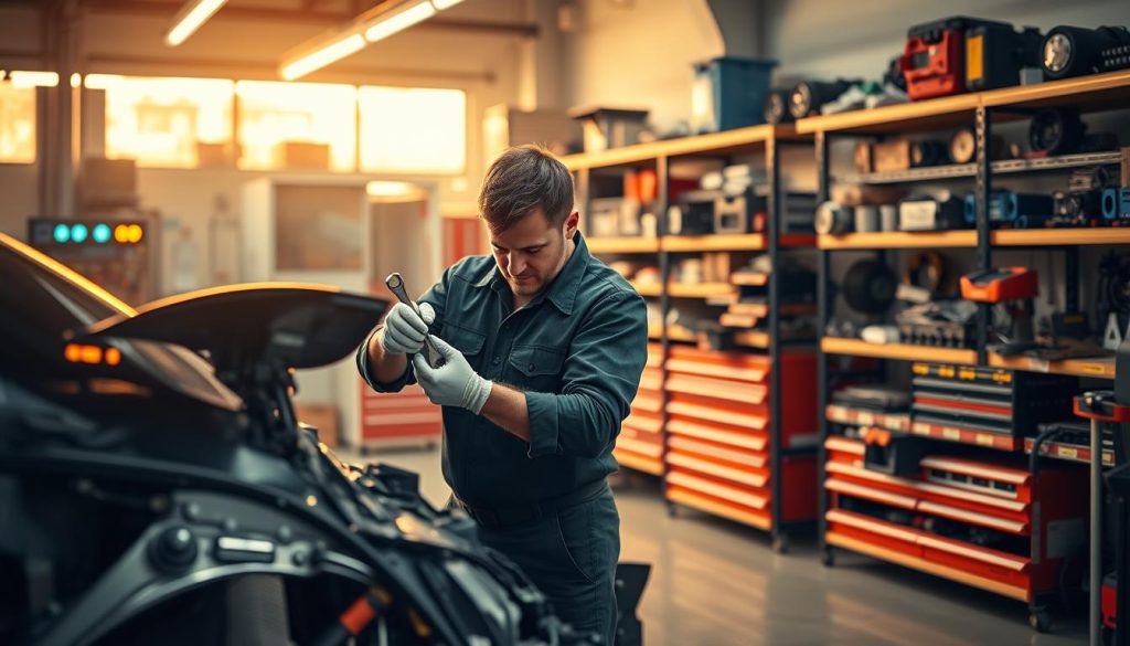 A vibrant workshop filled with a sense of efficiency and productivity. In the foreground, a mechanic skillfully wielding a wrench, their movements deliberate and focused as they work on a partially disassembled vehicle. The middle ground showcases an array of high-tech diagnostic tools and equipment, their digital displays illuminating the space with a warm, technical glow. In the background, shelves brimming with neatly organized spare parts and tools, creating an impression of a well-stocked, streamlined repair operation. Diffused, warm lighting filters through the windows, casting a subtle, golden hue over the entire scene, conveying a sense of urgency and a commitment to swiftly resolving the collision repair. A vibrant workshop filled with a sense of efficiency and productivity. In the foreground, a mechanic skillfully wielding a wrench, their movements deliberate and focused as they work on a partially disassembled vehicle. The middle ground showcases an array of high-tech diagnostic tools and equipment, their digital displays illuminating the space with a warm, technical glow. In the background, shelves brimming with neatly organized spare parts and tools, creating an impression of a well-stocked, streamlined repair operation. Diffused, warm lighting filters through the windows, casting a subtle, golden hue over the entire scene, conveying a sense of urgency and a commitment to swiftly resolving the collision repair.