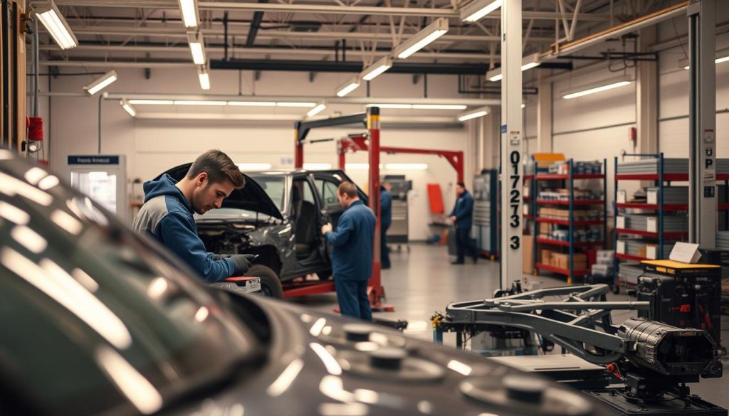 A well-equipped, modern auto body repair shop with state-of-the-art equipment. In the foreground, a skilled technician meticulously inspecting a damaged vehicle, carefully assessing the extent of the repairs needed. In the middle ground, specialized tools and machinery, including a precision paint booth and a frame alignment system, all working in harmony to restore the vehicle to its original condition. The background showcases the clean, organized workspace, with racks of replacement parts and a team of professionals dedicated to providing high-quality, efficient service. Soft, warm lighting illuminates the scene, creating a sense of care and attention to detail. The overall atmosphere conveys a sense of professionalism, expertise, and a commitment to delivering exceptional results. A well-equipped, modern auto body repair shop with state-of-the-art equipment. In the foreground, a skilled technician meticulously inspecting a damaged vehicle, carefully assessing the extent of the repairs needed. In the middle ground, specialized tools and machinery, including a precision paint booth and a frame alignment system, all working in harmony to restore the vehicle to its original condition. The background showcases the clean, organized workspace, with racks of replacement parts and a team of professionals dedicated to providing high-quality, efficient service. Soft, warm lighting illuminates the scene, creating a sense of care and attention to detail. The overall atmosphere conveys a sense of professionalism, expertise, and a commitment to delivering exceptional results.