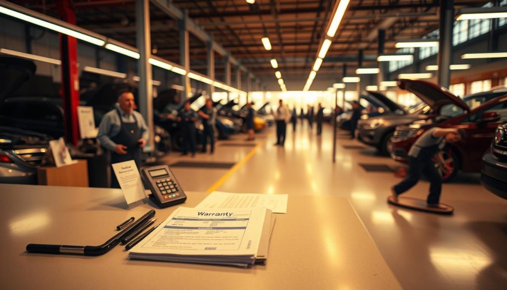 A well-lit and inviting service counter in a modern auto repair shop. On the counter, a neatly organized display of warranty documents, tools, and a computer terminal. In the background, a team of skilled technicians working diligently on various vehicles, conveying a sense of professionalism and expertise. The lighting is warm and balanced, creating a welcoming atmosphere. The camera angle is slightly elevated, giving a sense of reliability and trustworthiness. The overall scene exudes a sense of transparency, quality, and the confidence that comes with a comprehensive warranty service.