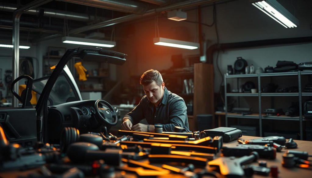 A well-lit auto repair shop, the focus on a skilled technician meticulously disassembling a vehicle's interior, surrounded by a cluttered yet organized workspace. Overhead, industrial lighting casts long shadows, creating a sense of depth and attention to detail. In the foreground, an array of tools and parts are neatly arranged, conveying a methodical approach to the repair process. The technician's expression is one of concentration, emphasizing the care and expertise required to restore the vehicle to its former condition. The background features shelves stocked with replacement components, hinting at the comprehensive capabilities of the certified auto body shop.