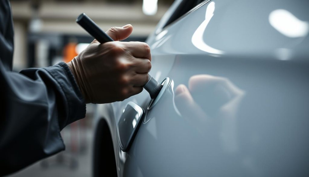 A well-lit auto repair shop with a focused close-up view of a professional technician meticulously applying and blending fresh paint onto a car's panel. The paint is perfectly matched to the vehicle's original color, seamlessly blending with the surrounding surfaces. Soft shadows and highlights accentuate the smooth, glossy finish. The technician's hands move with precision, demonstrating their expertise and care in the painting process. The overall scene conveys a sense of quality craftsmanship and attention to detail in collision repair.