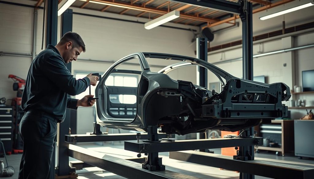 A well-lit auto repair workshop, with a car's frame positioned on a specialized alignment rack. The mechanic, in a clean uniform, meticulously examines the frame using precision tools, carefully measuring and adjusting the angles and dimensions to restore the vehicle's structural integrity. The workshop is filled with the hum of machinery and the scent of fresh paint, conveying a sense of professionalism and attention to detail. Soft, diffused lighting casts long shadows, highlighting the intricate process of frame straightening, a critical step in the repair of frame damage. The overall atmosphere is one of focused expertise and dedication to ensuring the vehicle's safety and performance. A well-lit auto repair workshop, with a car's frame positioned on a specialized alignment rack. The mechanic, in a clean uniform, meticulously examines the frame using precision tools, carefully measuring and adjusting the angles and dimensions to restore the vehicle's structural integrity. The workshop is filled with the hum of machinery and the scent of fresh paint, conveying a sense of professionalism and attention to detail. Soft, diffused lighting casts long shadows, highlighting the intricate process of frame straightening, a critical step in the repair of frame damage. The overall atmosphere is one of focused expertise and dedication to ensuring the vehicle's safety and performance.