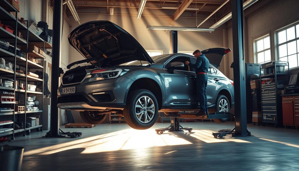 A well-lit automotive repair workshop, with a mid-sized sedan on a hydraulic lift. The car's engine bay is open, revealing various components being serviced by a skilled mechanic in a crisp, navy blue jumpsuit. Shelves of tools and spare parts line the walls, casting warm shadows across the concrete floor. Streams of natural light filter in through large windows, creating a sense of order and efficiency. The overall atmosphere conveys the importance of preventative maintenance in keeping vehicles running smoothly and safely, in line with the article's focus on fleet management and collision repair programs.