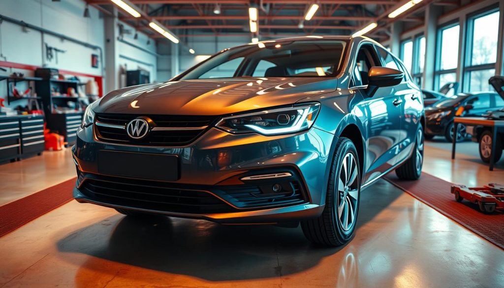 A well-lit, high-angle view of a modern vehicle awaiting pre-inspection in an insurance-approved auto body repair shop. The car is positioned centrally, the bodywork gleaming under warm overhead lighting. The foreground shows the car's front end, with the grill, headlights, and hood clearly visible. The middle ground depicts the car's side profile, with the doors, windows, and wheels in focus. The background reveals the repair shop's interior, with tools, workbenches, and other vehicles visible in the distance, conveying a sense of a professional, efficiency-focused environment. The overall mood is one of anticipation, as the vehicle is about to undergo a thorough inspection prior to the repair process. A well-lit, high-angle view of a modern vehicle awaiting pre-inspection in an insurance-approved auto body repair shop. The car is positioned centrally, the bodywork gleaming under warm overhead lighting. The foreground shows the car's front end, with the grill, headlights, and hood clearly visible. The middle ground depicts the car's side profile, with the doors, windows, and wheels in focus. The background reveals the repair shop's interior, with tools, workbenches, and other vehicles visible in the distance, conveying a sense of a professional, efficiency-focused environment. The overall mood is one of anticipation, as the vehicle is about to undergo a thorough inspection prior to the repair process.