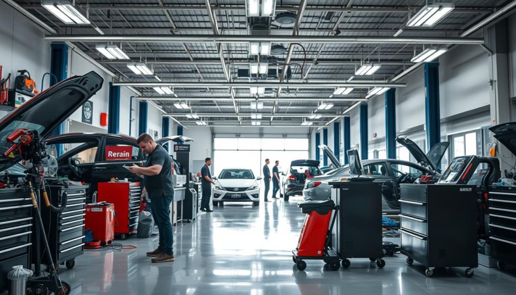 A well-lit, high-resolution image of a modern auto body shop interior, showcasing a diverse range of professional services. The foreground features a skilled technician working on a car, with various tools and equipment neatly organized around the workspace. The middle ground depicts a clean and organized service counter, where customers can discuss their repair needs with friendly staff. In the background, a spacious, well-lit service bay reveals other mechanics efficiently completing a variety of repairs, from dent removal to paint refinishing. The overall atmosphere exudes a sense of professionalism, attention to detail, and a commitment to providing top-quality automotive services.