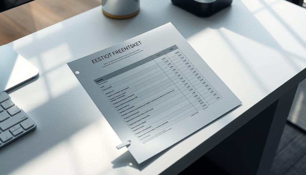 A well-lit, high-resolution image of an estimate or cost breakdown sheet, presented on a clean, modern desk. The sheet features clear, legible text, organized into distinct sections with headings. It has a professional, yet inviting aesthetic, conveying transparency and attention to detail. The desk is slightly angled, creating a dynamic, three-dimensional composition. Soft shadows and highlights add depth and dimension, while the overall mood is one of efficiency, trustworthiness, and customer-centric service.