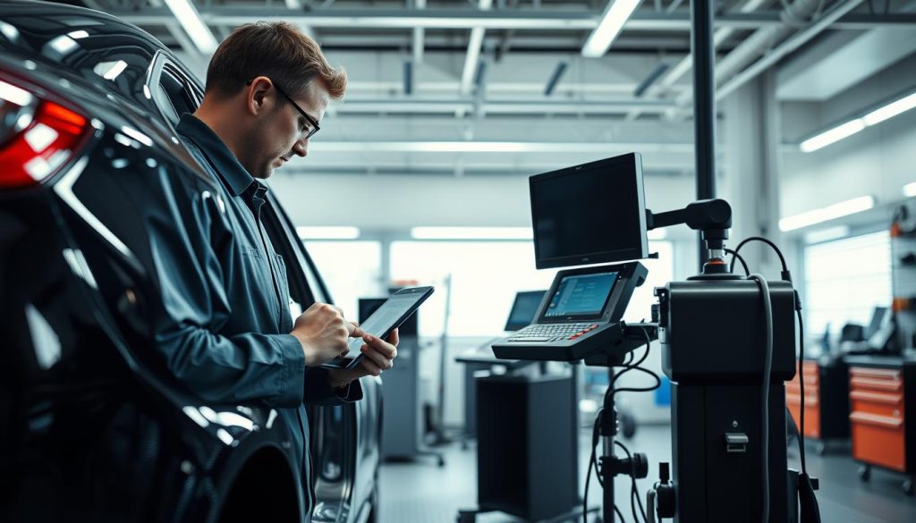 A well-lit, high-resolution inspection bay with a sleek, modern design. In the foreground, a technician in a crisp uniform carefully examines a car's body panels, using specialized tools to detect any hidden damage. In the middle ground, sophisticated diagnostic equipment stands ready, connected to the vehicle's onboard computer. The background reveals an organized workshop, with neatly arranged tools and parts, conveying a sense of efficiency and attention to detail. Soft, directional lighting casts subtle shadows, highlighting the intricate process of ensuring the car's structural integrity and safety.