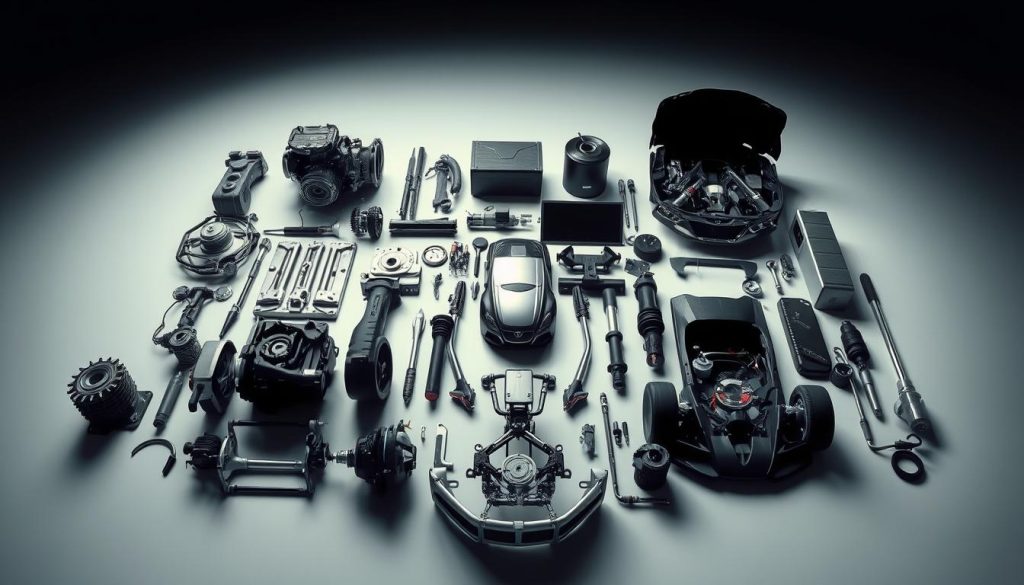 A well-lit, high-resolution photograph of a collection of genuine car parts and components, neatly arranged on a clean, reflective surface. The parts should include a mix of engine components, suspension elements, and body panels, all showcasing their pristine, factory-fresh condition. The lighting should be soft and diffused, creating a sense of depth and highlighting the intricate details of each part. The camera angle should be slightly elevated, providing a birds-eye view that allows the viewer to appreciate the overall composition and the precision of the arrangement. The background should be a simple, neutral tone that does not distract from the main subject, creating a minimalist and professional aesthetic.